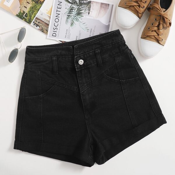 

Notch Waist Roll Hem Denim Shorts, Black