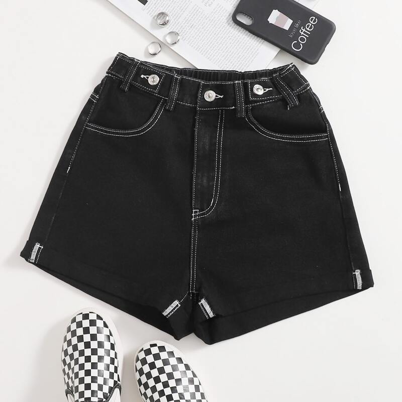 

Button Detail Denim Shorts, Black
