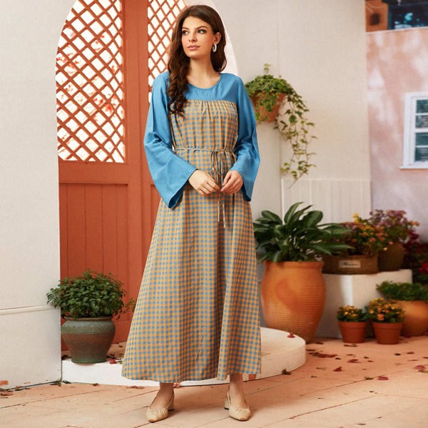 

Contrast Gingham Panel Belted Dress, Multicolor