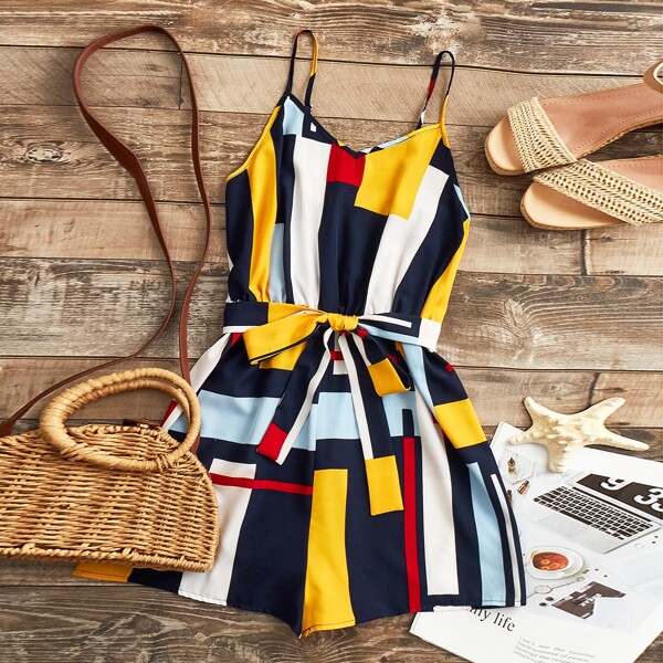 

Geo Print Self Tie Cami Romper, Multicolor
