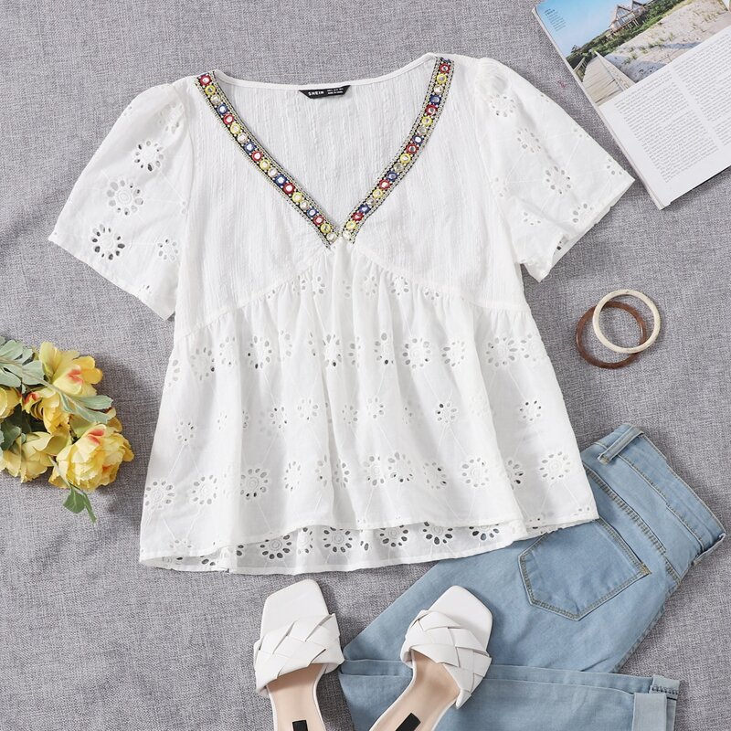 

V-neck Tape Detail Schiffy Babydoll Top, White