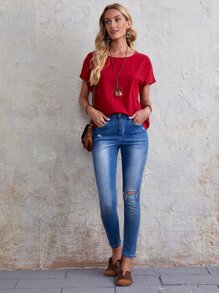 SHEIN LUNE 後鎖孔素色上衣 - 紅色 - 查看 4