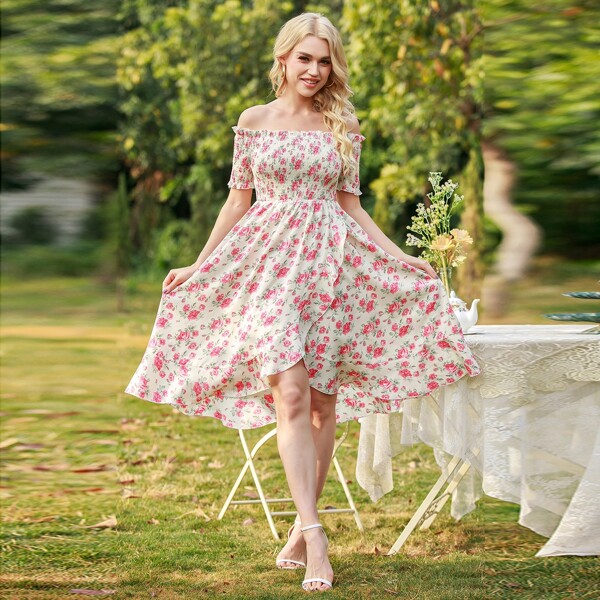 

Floral Print Shirred Bodice Dress, Multicolor