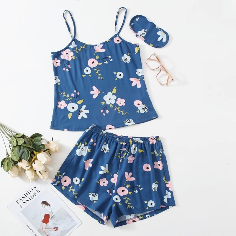 

Floral Print Pajama Set With Eyecover, Multicolor