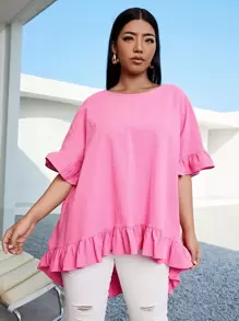 SHEIN Unity 大碼荷葉邊袖荷葉邊下擺上衣 - 粉色 - 查看 1