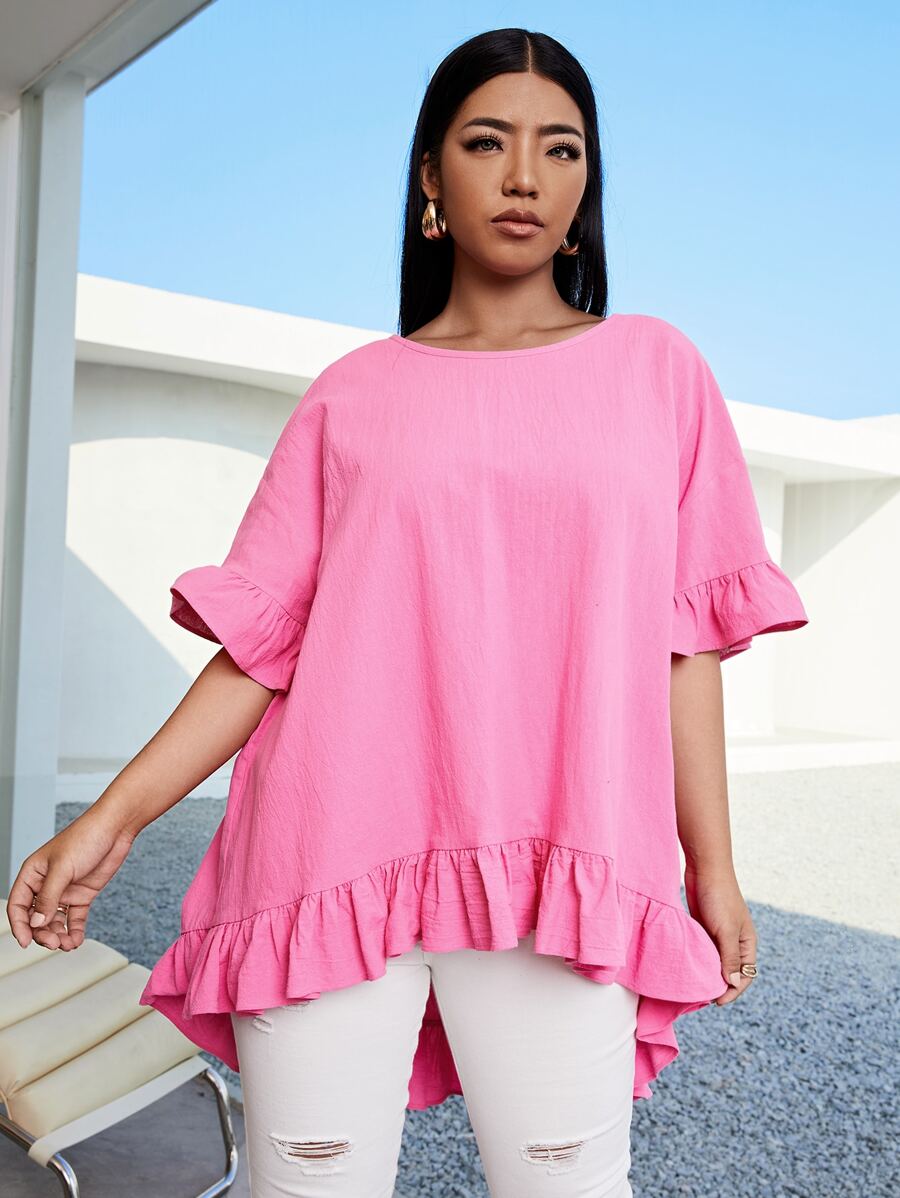 SHEIN Unity 大碼荷葉邊袖荷葉邊下擺上衣 - 粉色 - 查看 1