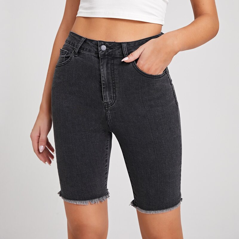

Slant Pocket Roll Hem Denim Shorts, Dark grey