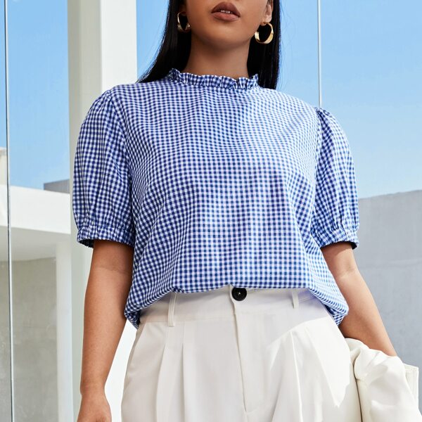 

Plus Gingham Frill Neck Puff Sleeve Top, Blue and white