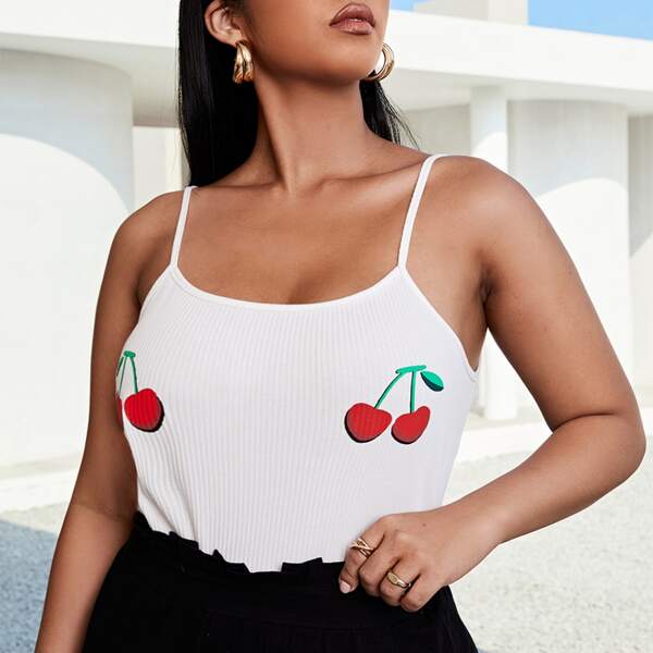 

Plus Cherry Print Rib-knit Cami Top, White