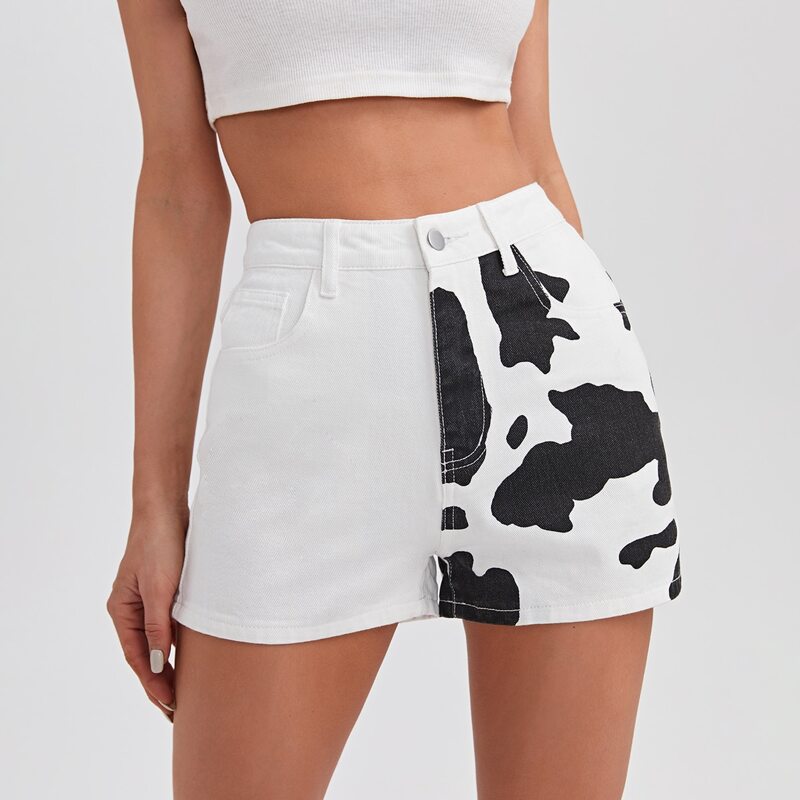 

High Waist Cow Print Denim Shorts, White