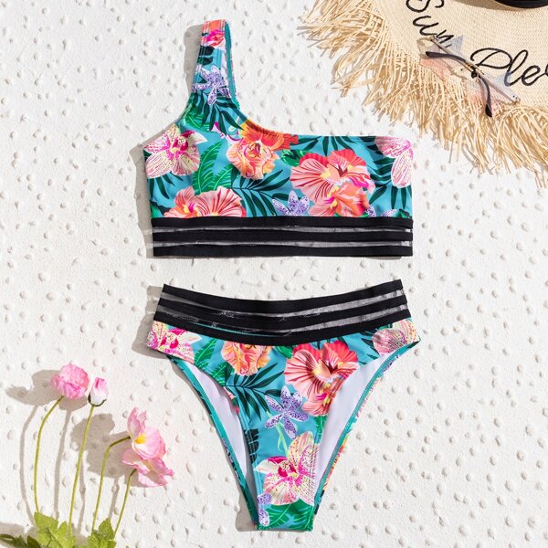 

Floral One Shoulder Bikini Swimsuit, Multicolor