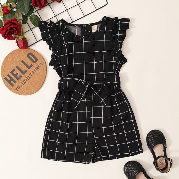 

Toddler Girls Grid Ruffle Trimed Romper, Black