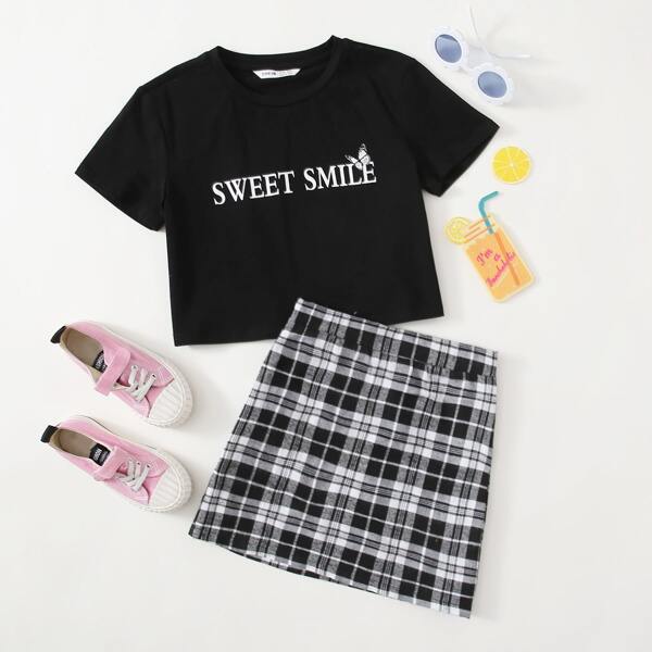 

Girls Letter and Butterfly Print Top & Tartan Skirt Set, Black and white