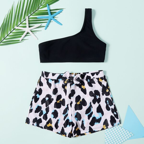 

Girls Leopard One Shoulder Shorts Bikini Swimsuit, Multicolor