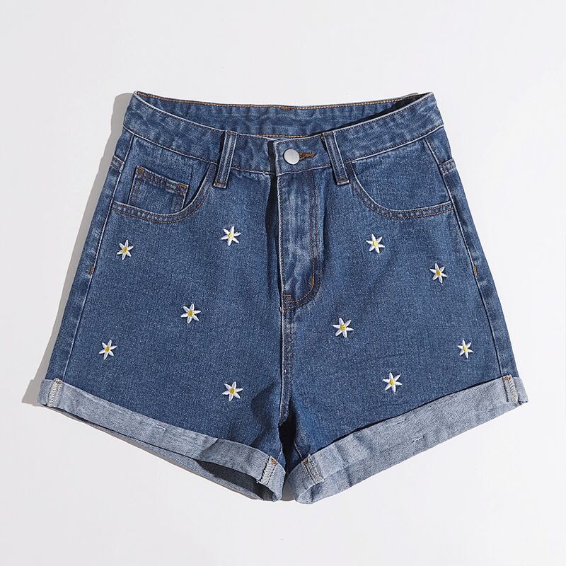 

Floral Embroidery Cuffed Denim Shorts, Medium wash