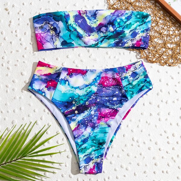 

Galaxy Print Bandeau Bikini Swimsuit, Multicolor