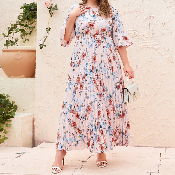 

Plus Floral Flounce Sleeve Pleated Hem Dress, Multicolor