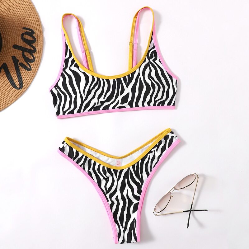 

Zebra Striped High Cut Bikini Swimsuit, Multicolor
