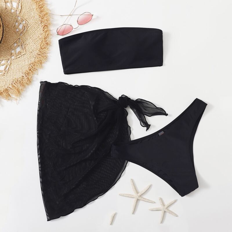 

3pcs Solid Bikini Swimsuit, Black