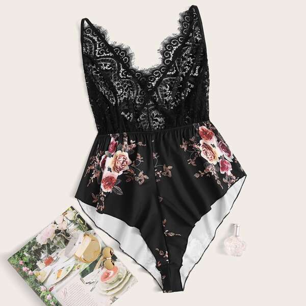 

Plus Floral Print Contrast Lace Teddy Bodysuit, Black
