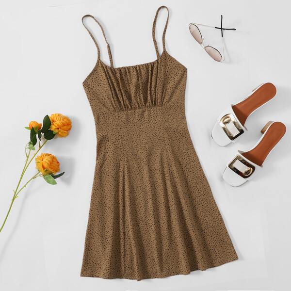 

Ruched Bust Allover Print Cami Dress, Khaki