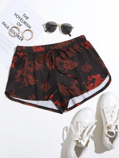 Plus Tie Front Chinese Dragon Print Dolphin Shorts