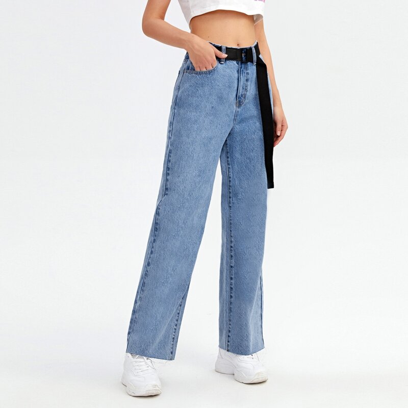 

Belt High-Waist Denim Straight Jeans, Light wash