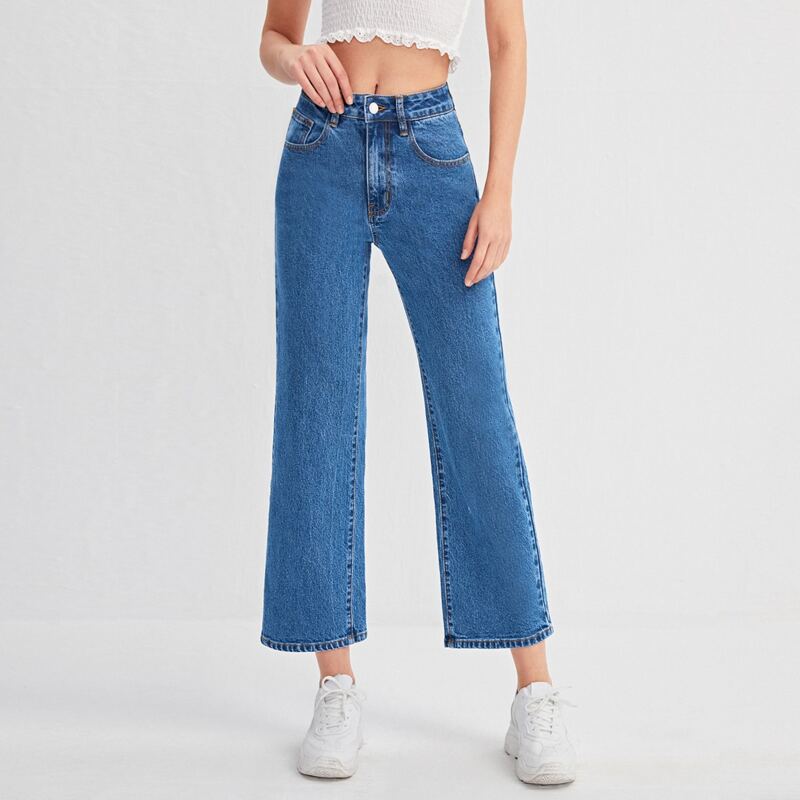 

Slim Mid-Waisted Denim Wide-Leg Jeans, Medium wash