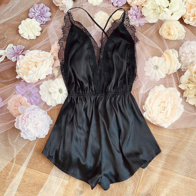 

Satin Lace Trimed Criss Cross Night Romper, Black