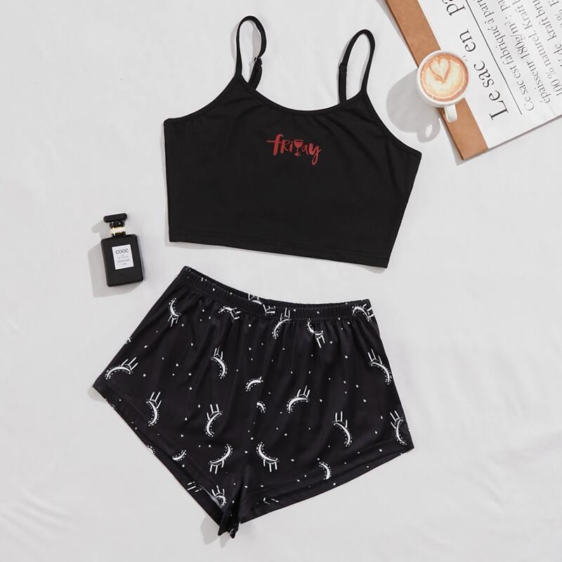 

Letter Graphic Cami Pajama Set, Black