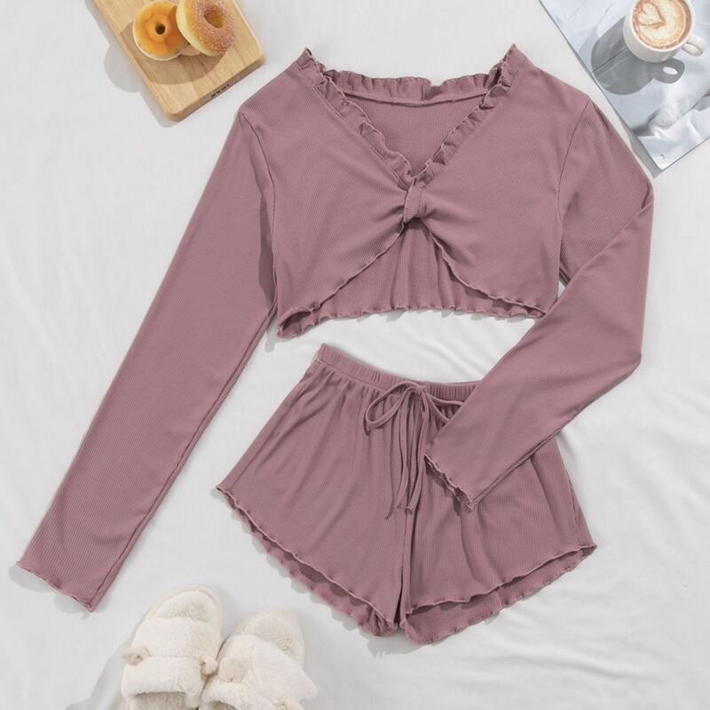 

Frill Trim Rib-knit Lounge Set, Dusty pink