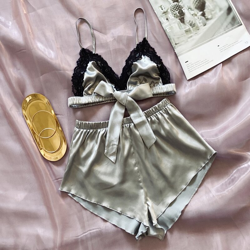 

Contrast Lace Knot Satin Night Set, Light grey