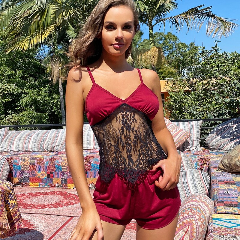

Contrast Lace Night Set, Burgundy