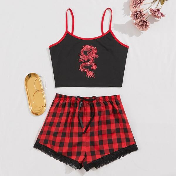 

Chinese Dragon Graphic Contrast Lace Pajama Set, Multicolor