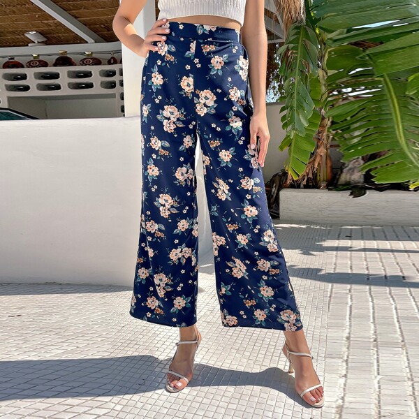 

Floral Print Wide Leg Pants, Navy blue