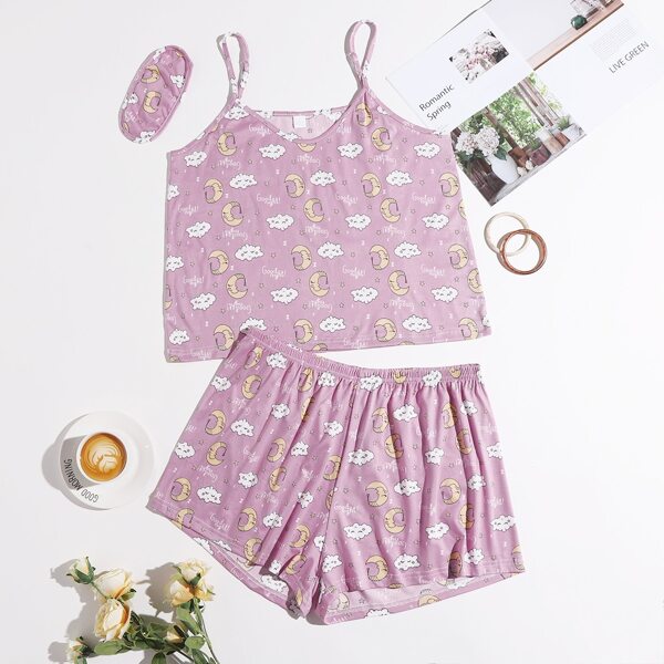 

Plus Cartoon Graphic Pajama Set With Eye Mask, Dusty pink