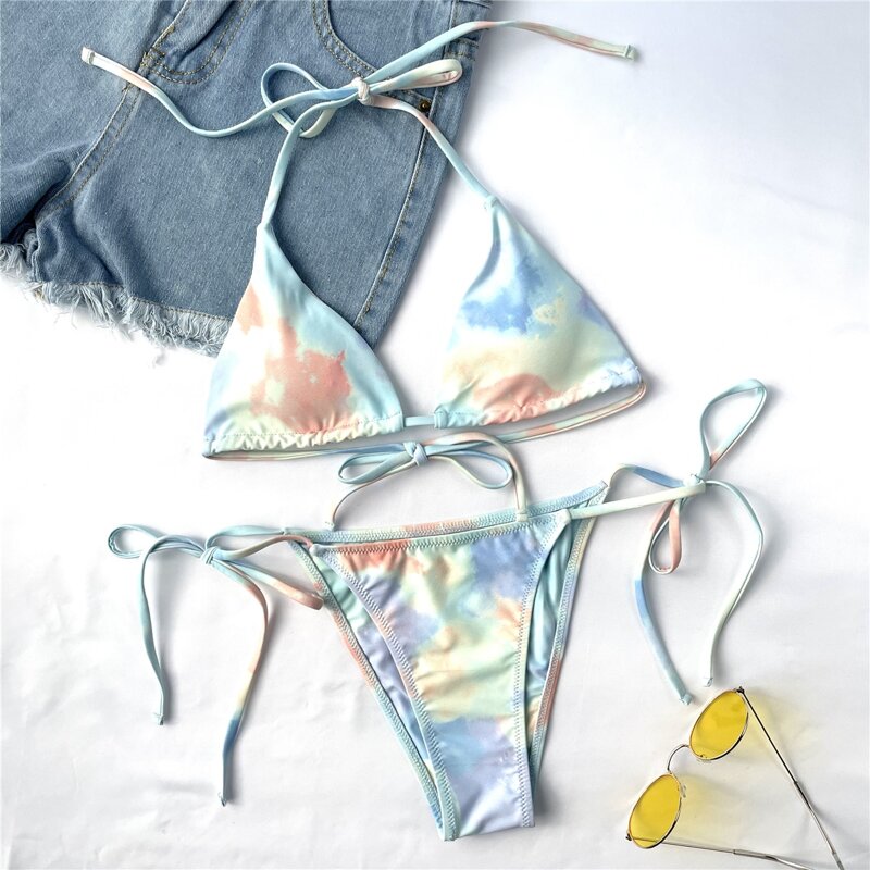 

Tie Dye Micro Triangle Halter Tie Side Bikini Swimsuit, Multicolor