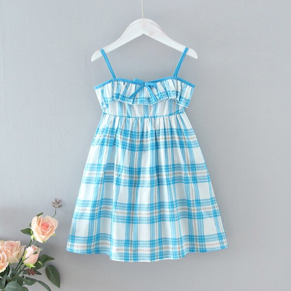

Toddler Girls Plaid Ruffle Trim Cami Dress, Blue and white