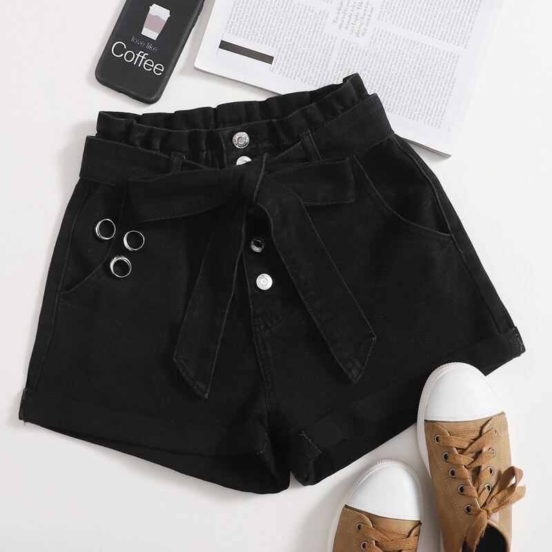 

Paperbag Waist Belted Button Fly Denim Shorts, Black