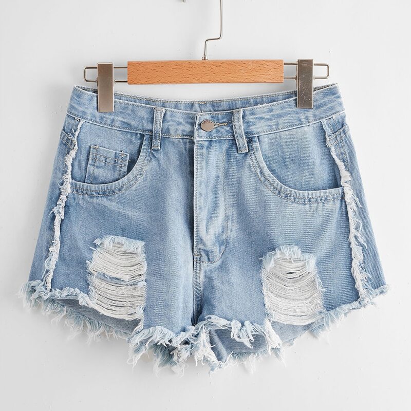 

Ripped Raw Hem Denim Shorts, Light wash