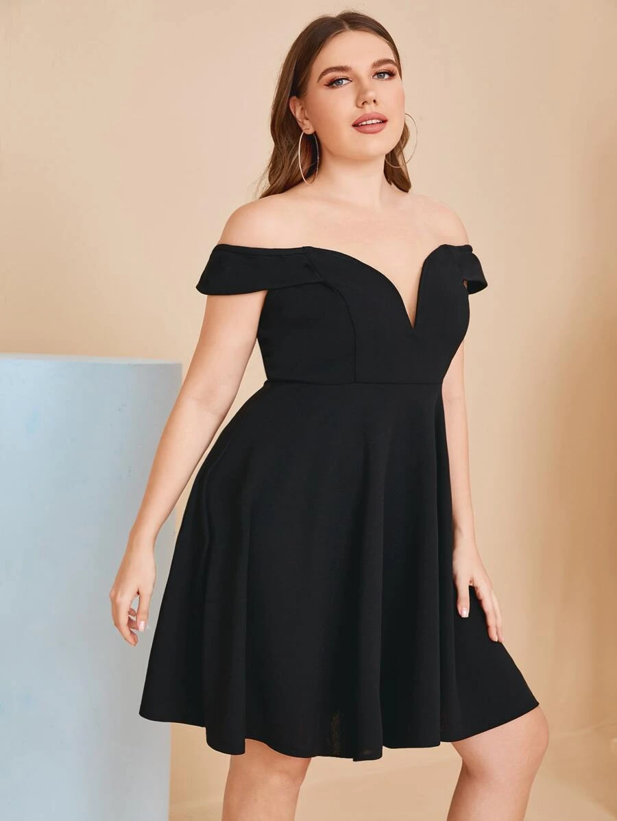 SHEIN Plus Off Shoulder Fit And  Flare Dress - Black - View 1