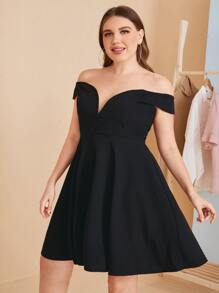 SHEIN Plus Off Shoulder Fit And  Flare Dress - Black - View 3