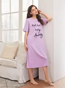 SHEIN Unity Letter Graphic Nightdress Nightgown - Lilac Purple - View 1