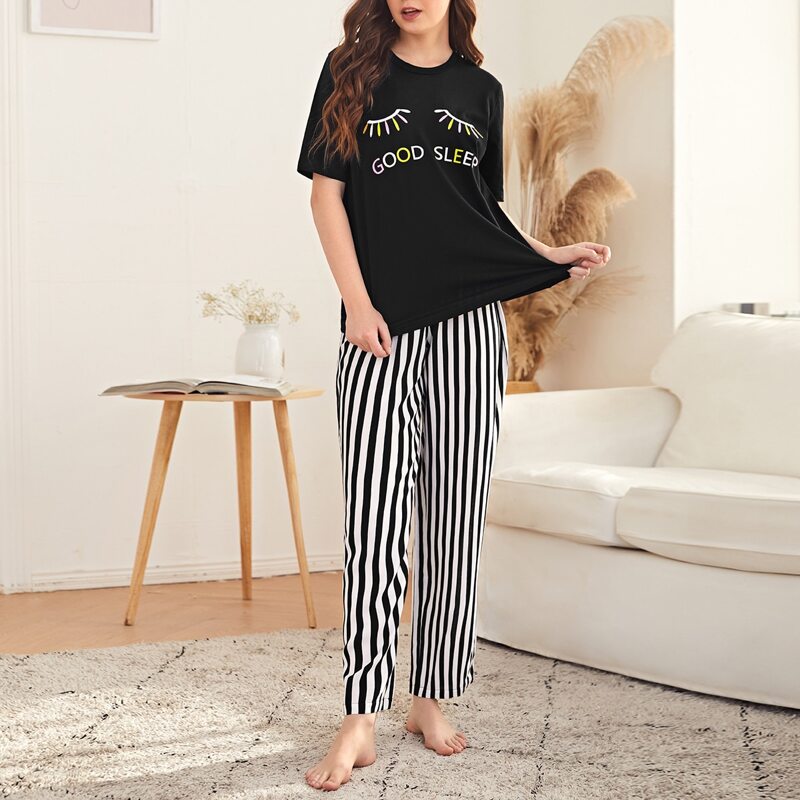 

Slogan Graphic Top & Striped Pants PJ Set, Black and white
