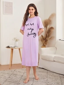 SHEIN Unity Letter Graphic Nightdress Nightgown - Lilac Purple - View 5