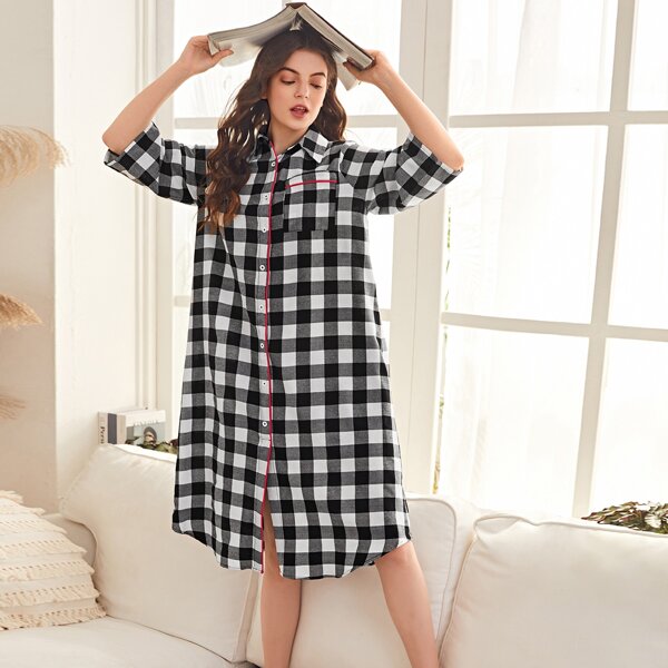 

Contrast Piping Buffalo Plaid Nightdress, Black and white