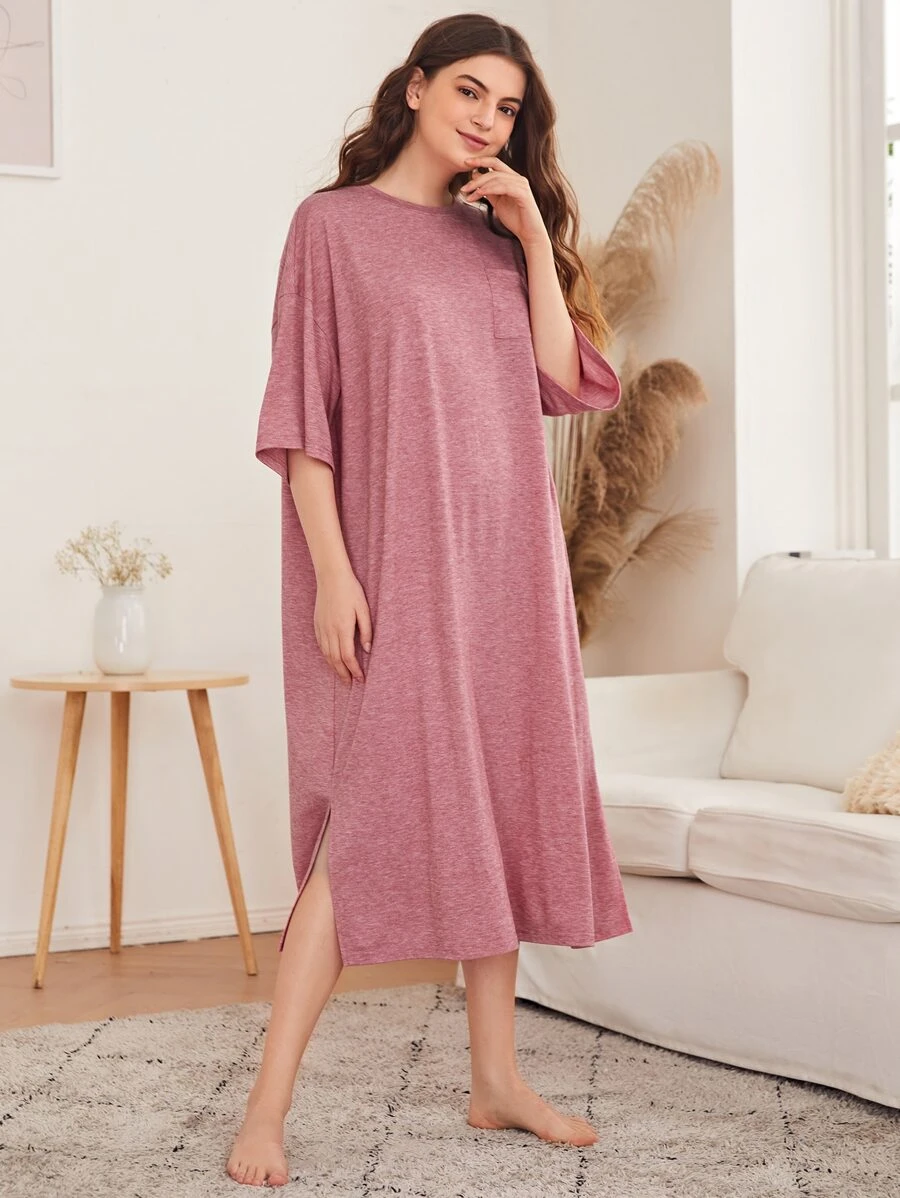 SHEIN Unity 落肩開衩下擺貼布口袋睡衣 - 藕粉色 - 查看 1