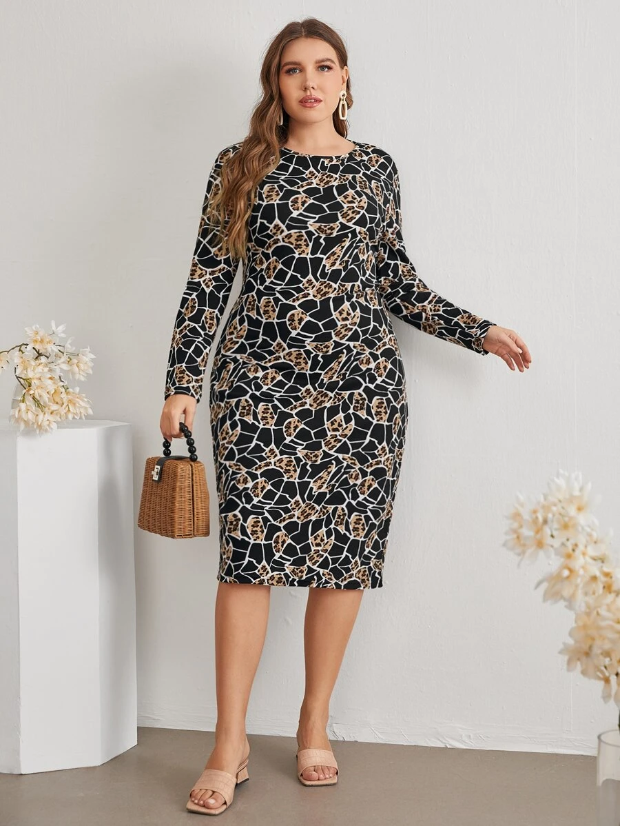 EMERY ROSE 大碼豹紋滿版圖案合身連衣裙 - 彩色 - 查看 1