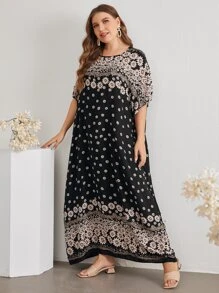 Al Najma Plus Batwing Sleeve Floral Print Dress - Black - View 1