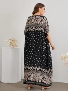 Al Najma Plus Batwing Sleeve Floral Print Dress - Black - View 2